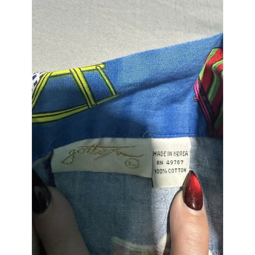 VTG Gottex Men's Blue Button Up Beach Chair Print L‎